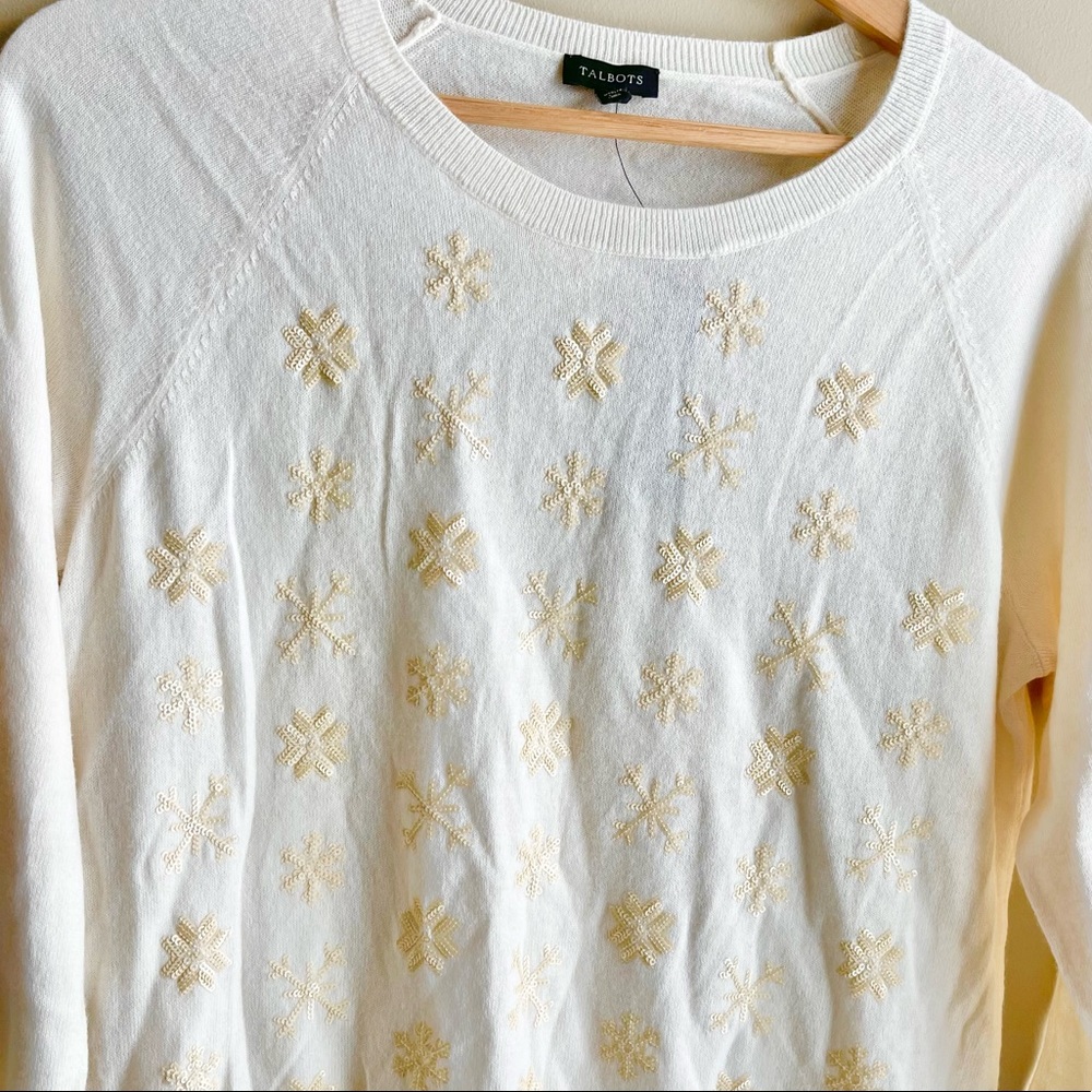 Talbots cream Lambswool blend 3/4 Sleeve Sequin Snowflake Lightweight Sweater